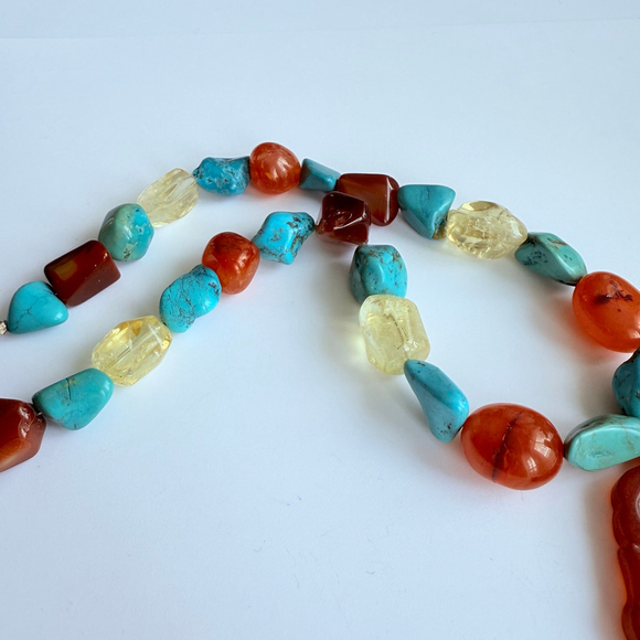 BIG Red Jade Turquoise Carnelian Quartz Hand Carved Sterling Silver 925 Necklace - Picture 5 of 8